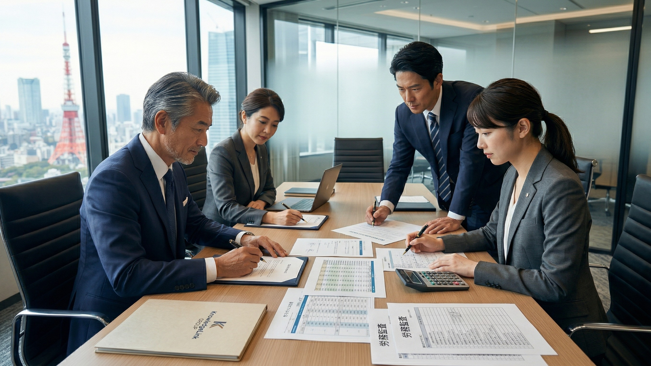 東京のスカイラインを背景に、弁護士、税理士、社労士が一堂に会し、M&Aの複雑な課題に取り組むワンストップチーム