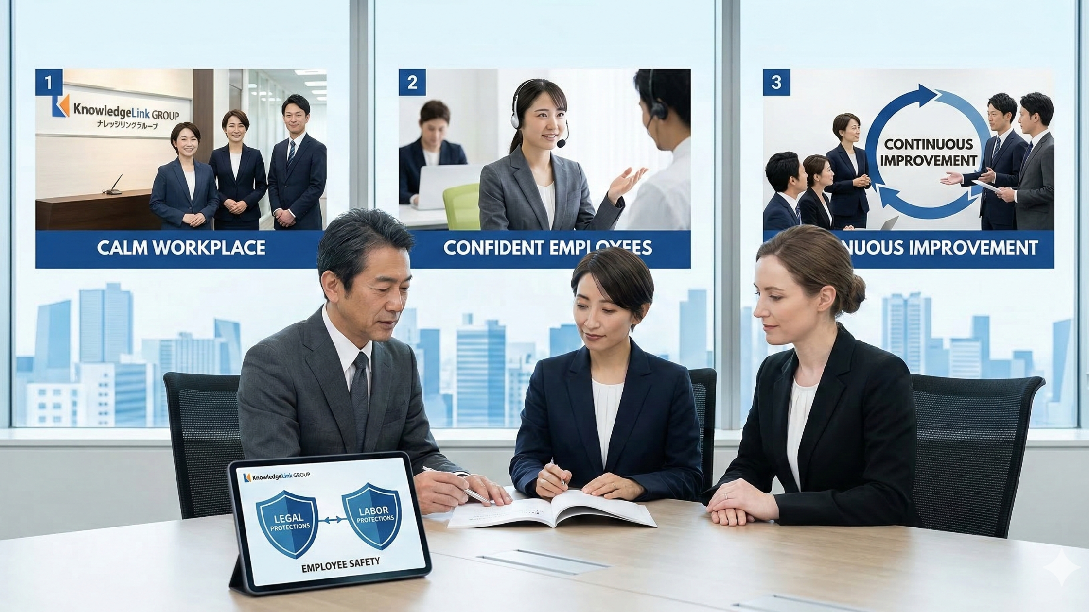 専門家チームとマニュアルを確認し、職場の安全を構築する様子